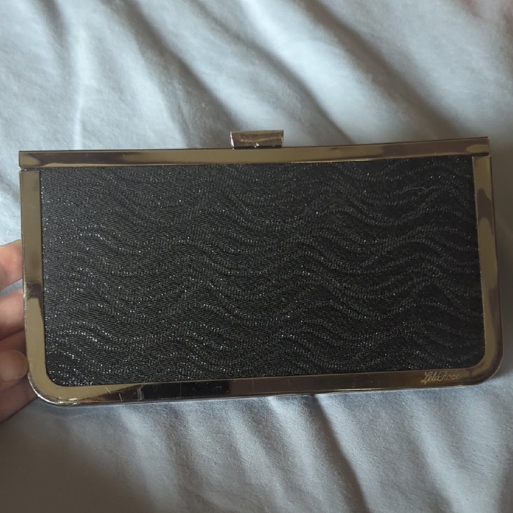 Sleek Black Textured Clutch with Gold Frame
